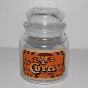 VTG 1980 Glass popcorn Storage Jar Canister T.K.C. Aunt Jenny's Poppin Corn 6"